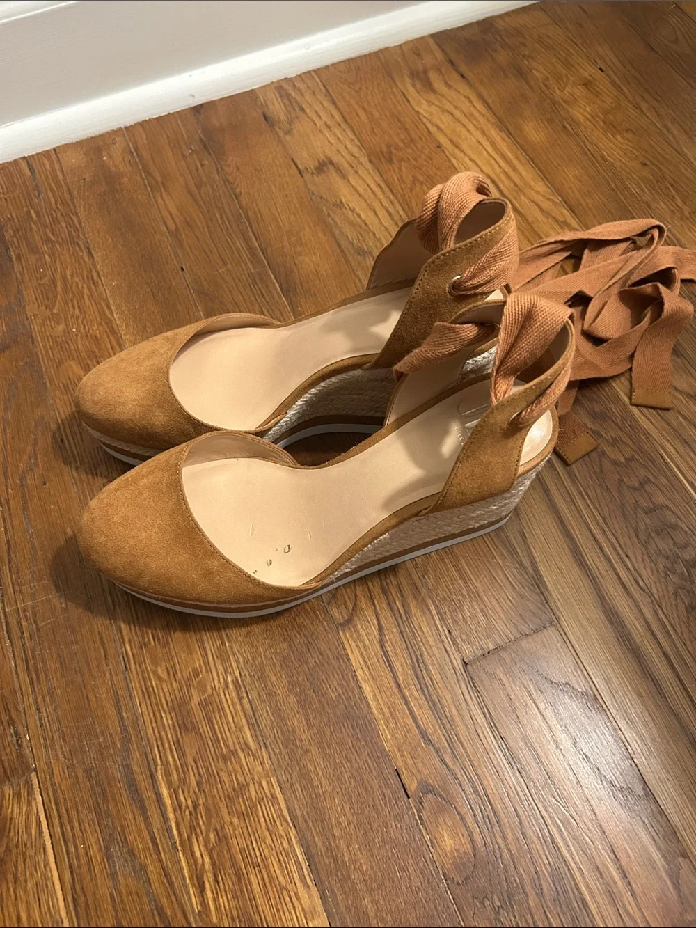 Jennifer Lopez Tan Wrap-Ankle Wedge Espadrille
